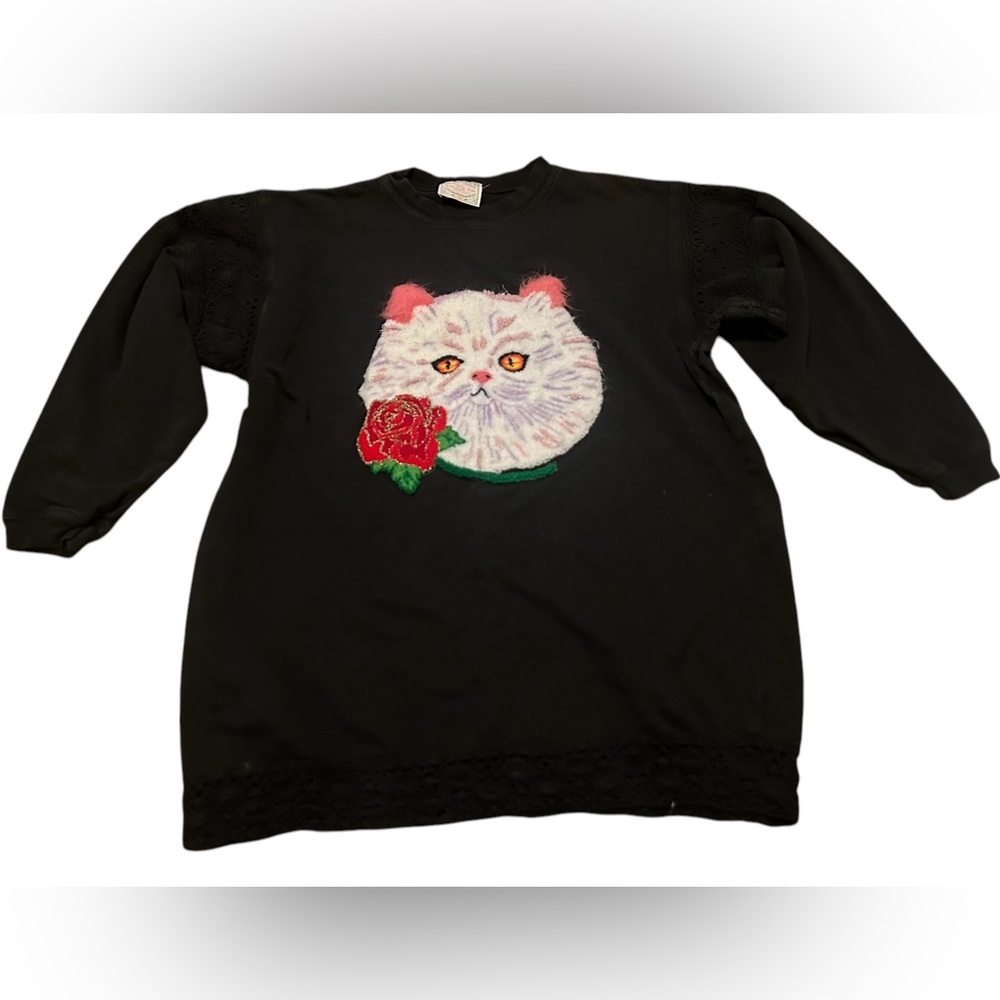 Vintage TON SUR TON White KItty Cat Black Lace Pullover Sweater Shirt M